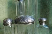 Antique Edwardian 1800s Set 5 Sterling Silver Cut Glass Vanity Pin Bottles Jars