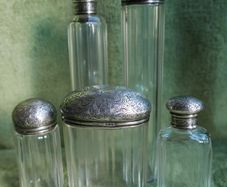 Antique Edwardian 1800s Set 5 Sterling Silver Cut Glass Vanity Pin Bottles Jars