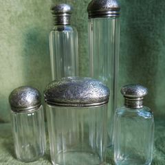 Antique Edwardian 1800s Set 5 Sterling Silver Cut Glass Vanity Pin Bottles Jars