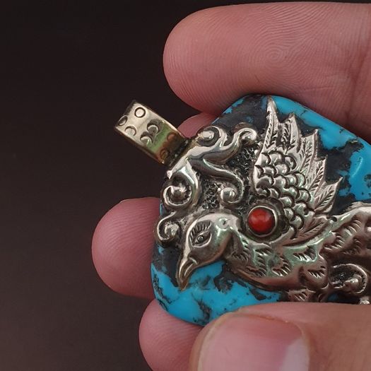 Vintage Silver Bird & Flower Desgin Turqouise Pendant