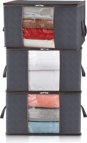 Large Capacity Clothes Storage Bag Organizer with Reinforced Handle Thick Fabric for Comforters, Blankets, Bedding, Foldable with Sturdy Zipper, Clear Window, 3 Pack, Grey