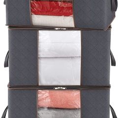 Large Capacity Clothes Storage Bag Organizer with Reinforced Handle Thick Fabric for Comforters, Blankets, Bedding, Foldable with Sturdy Zipper, Clear Window, 3 Pack, Grey