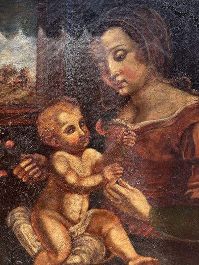 Antique Hand Painted Madonna & Child with Ornate Giltwood Frame (Bergazzi & Sons, Dublin)