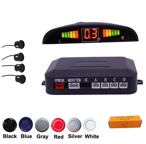 New Car Parking Sensor 4 Kit Rear Reverse Sensors Alarm Backup Radar System LED Display Warning in Black / White / Blue / Silver/Red