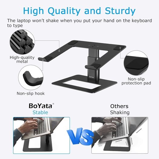 BoYata Laptop Stand, Height Adjustable Ventilated Laptop Holder, Ergonomic Notebook Stand, Laptop Riser Compatible with 10-17'' Laptops Black