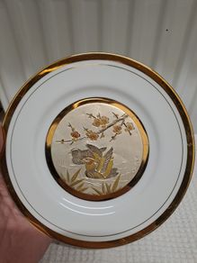 24 k gold Chokin decorative plate duck and plum blossoms