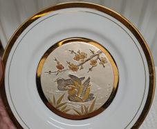 24 k gold Chokin decorative plate duck and plum blossoms