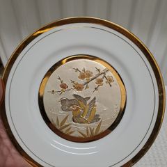 24 k gold Chokin decorative plate duck and plum blossoms