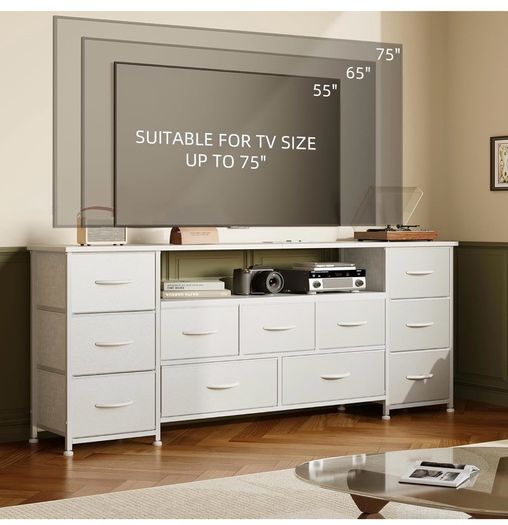 Tv Cabinet, Dresser for Bedroom with 11 Fabric Drawers, TV Stand with Power Socket for TVs up to 70 inch TV Units for Living Room, Bedroom, White