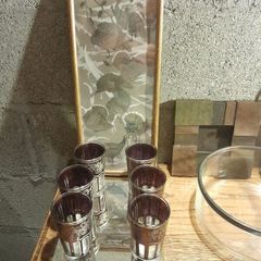antique glasses and mirrored tray and a beautiful gold rim picture no damage