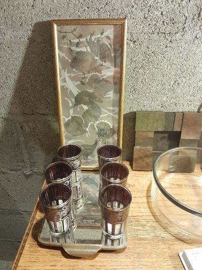 antique glasses and mirrored tray and a beautiful gold rim picture no damage