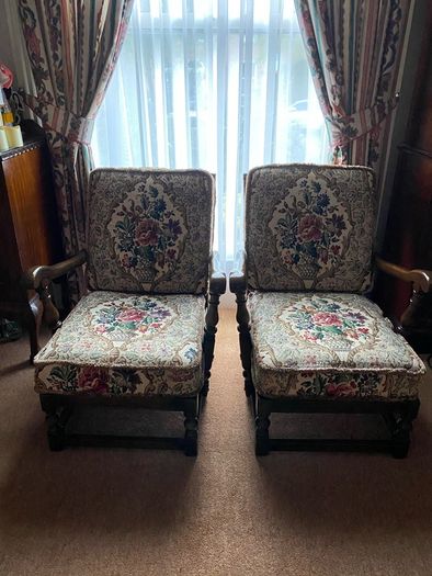 Ercol Victorian Tapestry Revival Old Colonial Yorshire Tall back Armchairs Set