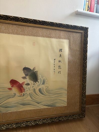 Very Large Vintage "The Carp Jumps Over the Dragon Gate" Painting on Silk