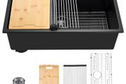 76cm Black Granite Kitchen Sink Workstation, Single Bowl Undermount or Drop-In Farmhouse Basin with Accessories for Kitchen, RV &amp; Bar
