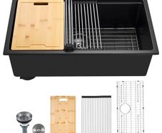76cm Black Granite Kitchen Sink Workstation, Single Bowl Undermount or Drop-In Farmhouse Basin with Accessories for Kitchen, RV & Bar