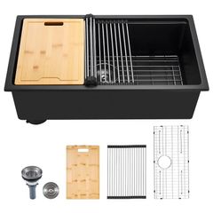 76cm Black Granite Kitchen Sink Workstation, Single Bowl Undermount or Drop-In Farmhouse Basin with Accessories for Kitchen, RV & Bar