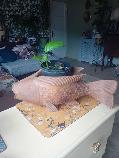 Large vintage hardwood koi carp planter