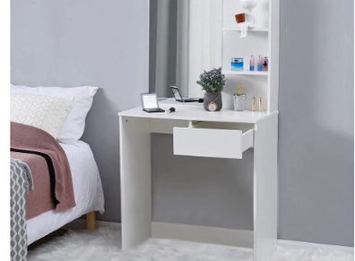 BRAND NEW White Wooden Dressing Table Set with Large Mirror and 2 Tier Open Shelf Modern Vanity Makeup Writing Desk Bedroom