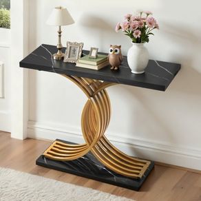100 cm Gold Console Table, Modern Desk Behind the Couch, Wood Rectangle Entrance Desk, Narrow Long Sofa Table Accent Stand with Metal Legs