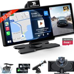 10.26'' Wireless Carplay & Android Auto, Apple Car play Screen with 4K Front & 1080P Rear Camera, Car Tablet Pro Max Touchscreen, 64G with GPS Navigation, Airplay, Mirror Link