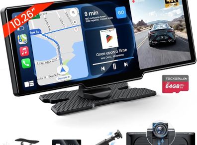 10.26'' Wireless Carplay & Android Auto, Apple Car play Screen with 4K Front & 1080P Rear Camera, Car Tablet Pro Max Touchscreen, 64G with GPS Navigation, Airplay, Mirror Link