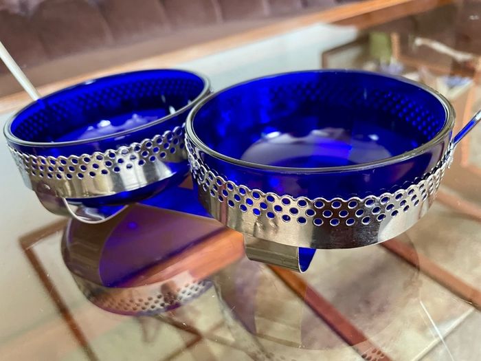 Vintage 1950s Cobalt Blue Glass & Silver Chrome Double Table Basket