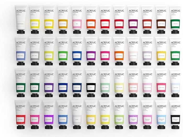 48 Piece Set (48 x 22ml) Tubes in Rich Vibrant Colours - High-Pigment, Satin-Finish Basic, Neon, Pastel, Metallic & Glitter Colours for Painting Canvas, Paper, Wood, Clay, Fabric (FREE POSTAGE)