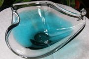 Murano Art Glass Bowl, Aqua/Teal Blue, Vintage Italian Hand Blown, 22cm