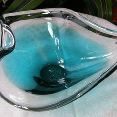 Murano Art Glass Bowl, Aqua/Teal Blue, Vintage Italian Hand Blown, 22cm