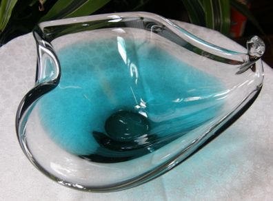 Murano Art Glass Bowl, Aqua/Teal Blue, Vintage Italian Hand Blown, 22cm
