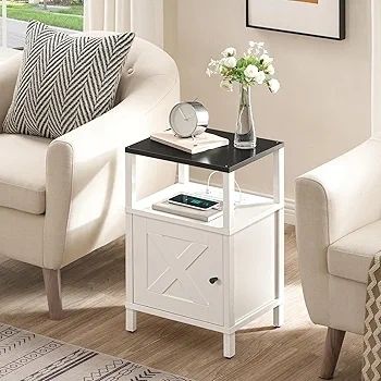 Beside Table with Charging Station, Side Table with Storage, Bedside Cabinet with USB Ports and Outlets, Wooden Nightstand for Bedroom, Living Room White and Black