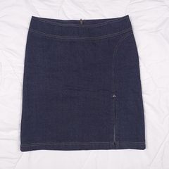 Tara Jarmon Dark Wash Indigo Navy Blue Denim Contrast Stitch Side Slit Mini Skirt 14UK/42EU