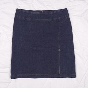 Tara Jarmon Dark Wash Indigo Navy Blue Denim Contrast Stitch Side Slit Mini Skirt 14UK/42EU