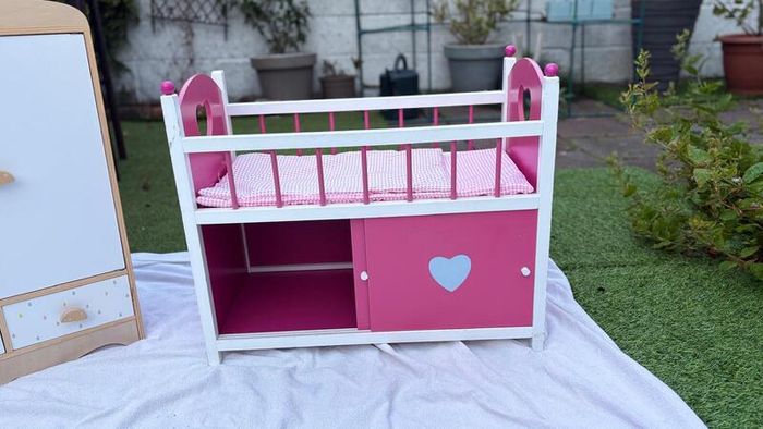 Wooden Dolls Wardrobe and Cot with Bedding and Storage