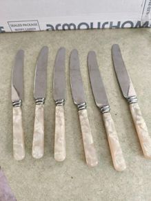SET OF 6 VTG Everbrite Sheffield England Stainless Steel Knives Mother Of Pearl Handle