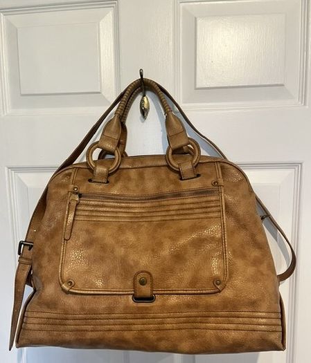 A-WEAR BAG OVERNIGHT WEEKEND Camel beige Stylish Faux Leather bag. Brass hardware In Very Good Condition. Generous sizing