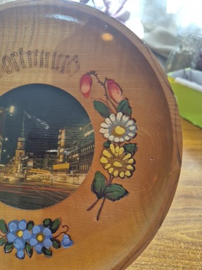 Vintage Wooden Dortmund Hanging Plate | 1960s Hand Painted Wood Burned Plate