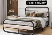 Double Bed Frame with Headboard,Oval-Shaped Platform Bed with Under-Bed Storage