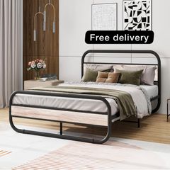 Double Bed Frame with Headboard,Oval-Shaped Platform Bed with Under-Bed Storage