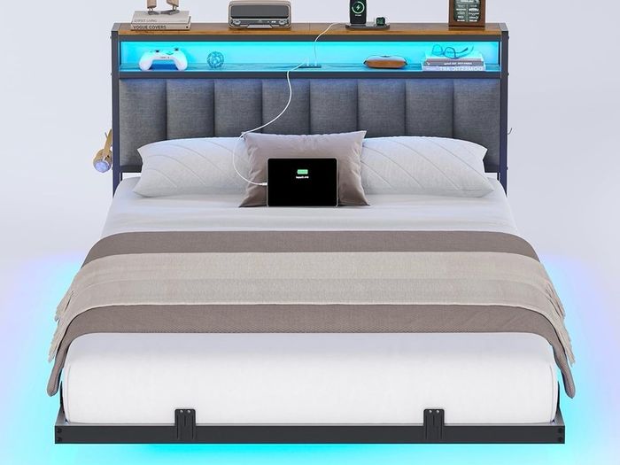Double Bed Frame 135x190 cm with Floating Visual Effect, 4ft6 Metal Bed Frame with Adjustable LED Lighting and Charging Station, Double Bed with Headboard, Dark Grey (Mattress Not Included)