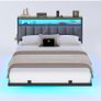 Double Bed Frame 135x190 cm with Floating Visual Effect, 4ft6 Metal Bed Frame with Adjustable LED Lighting and Charging Station, Double Bed with Headboard, Dark Grey (Mattress Not Included) Image 2