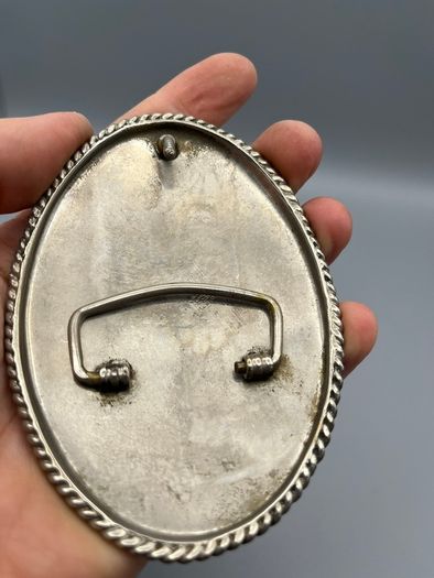 Vintage Alpaca Mexico Western Belt Buckle - Three Horse Heads, Floral Engravings