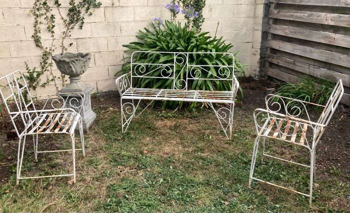 Vintage Wrought Iron Garden Set with Bench and 2 Armchairs (Restoration Project)