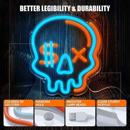 Dimmable Skull Neon Sign, Skull Neon Light Acrylic Plate Powered by USB with Switch, 28x25cm Skeleton LED Blue Wall Signs Art for Kid Bedroom Teen Boys Living Room Bar Party Decoration (FREE POSTAGE)