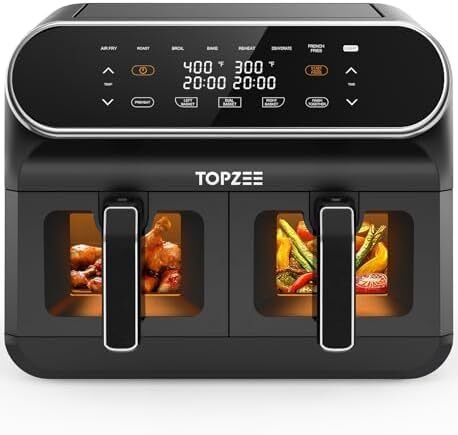8L Large Air Fryer - Dual Basket Airfryer with Easy View Windows, Preheat, Air Fry, Roast, Broil, Bake, Dehydrate, 2 Independent 4 L Nonstick Dishwasher Safe Baskets, Black