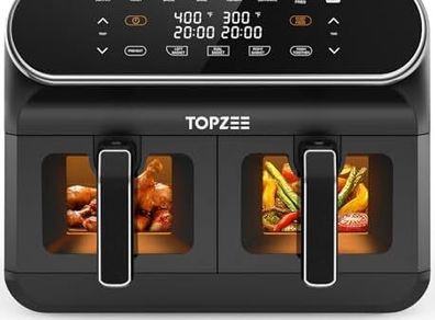 8L Large Air Fryer - Dual Basket Airfryer with Easy View Windows, Preheat, Air Fry, Roast, Broil, Bake, Dehydrate, 2 Independent 4 L Nonstick Dishwasher Safe Baskets, Black