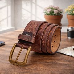 Handmade Western Tooled Leather Belt Floral Embossed Cowboy Belt for Men
