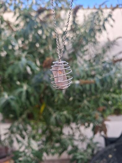 Nice genuine 925 Sterling Silver Wire Cage Pendant Necklace holding a natural Polished Smoky Quartz Crystal Gemstone
