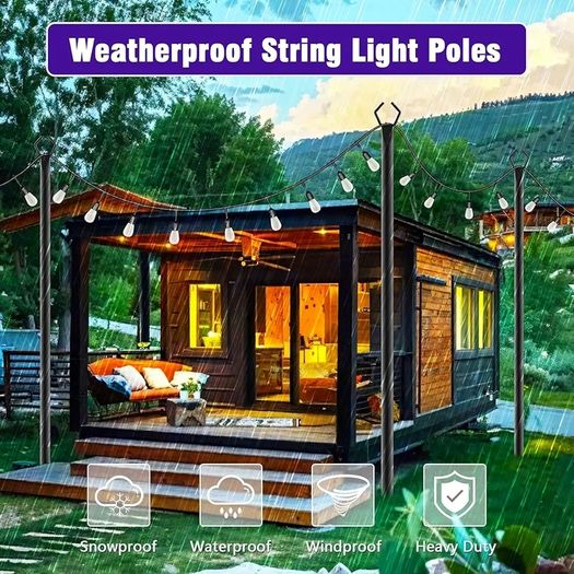 6pack 3M String Light Pole, Metal Outdoor String Light Pole, Suitable for Courtyard,Backyard,Garden,Patio,Party,Wedding Hanging Light Pole,Rustproof and Sturdy with Hooks.