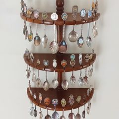 Souvenir spoons on 3-tier wall-mounted souvenir spoon display rack  36 spoons